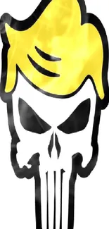 Stylized skull with yellow hair design on white background.