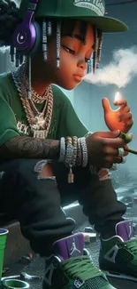 Stylized character in green outfit with headphones, in an urban setting.