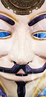 Stylized V for Vendetta mask with blue details.