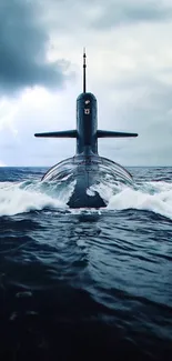 Submarine navigating through stormy seas with lightning in background.