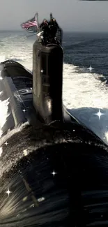 Submarine cruising through the ocean with an American flag.