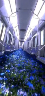 A subway car filled with blooming blue flowers, creating a surreal and artistic scene.