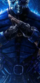 Subzero in blue armor, crossing arms in a dark, atmospheric setting.