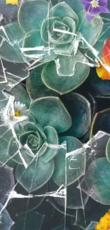 Abstract succulent wallpaper with floral accents and shattered glass effect.