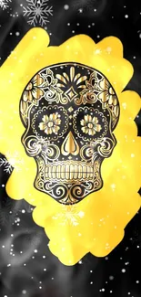 Intricate sugar skull on yellow background with snowflakes.