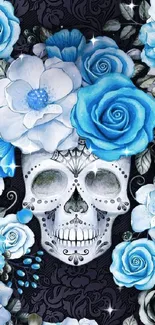 Sugar skull with blue and white flowers phone wallpaper.