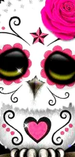 Cute sugar skull owl with pink flowers on a dark background.