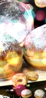 Sugary donuts with colorful bokeh background.
