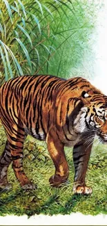 Sumatran tiger depicted in vibrant jungle artwork, rich in natural hues.