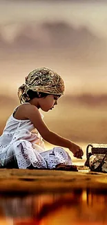 Child on beach at sunset in a serene summer wallpaper.