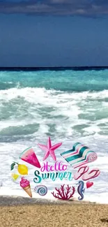 Vibrant summer beach wallpaper with waves and summer icons.