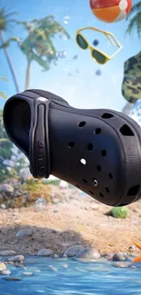 Black sandal on beach with summer vibes.