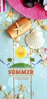 Summer-themed wallpaper with beach items on turquoise wood.