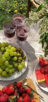 Colorful summer picnic with fruits and wine on a tablecloth.