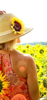 Woman in sunhat in a sunflower field, bright summer day.