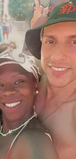 Summer beach selfie with joyful expressions and vibrant colors.