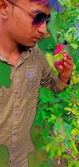 A person exploring vibrant green foliage in summer.