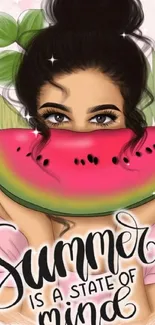 Illustration of a girl with watermelon and summer quote.