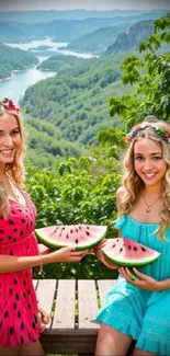 Two women with watermelons in a lush green landscape, embodying summer vibes.