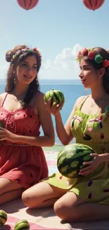 Two women in watermelon-themed dresses enjoying a sunny beach day with watermelons.