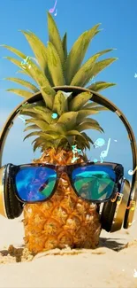 Pineapple with sunglasses and headphones on a sunny beach.