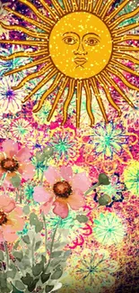 Vibrant sun and floral design on a mobile wallpaper background.