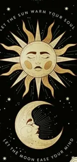 Sun and moon artwork with stars on a black background.