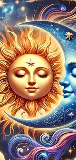 Artistic depiction of sun and moon with cosmic elements.