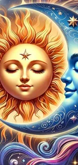 Celestial sun and moon artistic mobile wallpaper with vibrant colors.