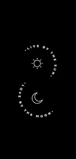 Minimalist yin-yang wallpaper with sun and moon quotes on black background.