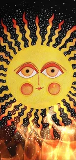 Artistic sun face with fiery background.