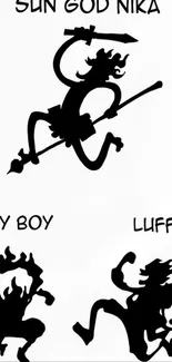 Silhouette art of Sun God Nika, Joy Boy, and Luffy.