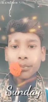 Youth holding a red rose with glowing effects on Sunday.