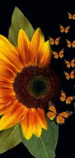 Vibrant sunflower and butterflies on a dark background.