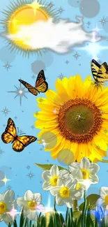 Sunflower with butterflies in a sparkling sky, perfect for mobile wallpaper.