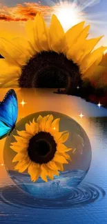 Sunflower and butterfly over a serene sunset reflection.