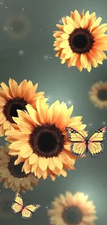 Sunflower and butterfly phone wallpaper with green background.