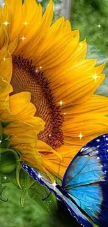 Vibrant sunflower with blue butterfly in nature.