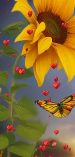 Vibrant sunflower with butterfly and red hearts.