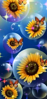 Sunflowers and butterflies in bubbles on blue background.