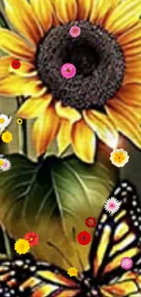 Yellow sunflower and butterfly wallpaper for mobile.