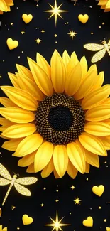 Sunflower and dragonfly wallpaper with glowing stars.