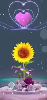 Mobile wallpaper with sunflower, purple flowers, crystals, and neon heart light.