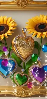 Sunflowers with gem hearts in gold frame wallpaper.