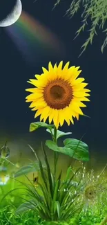 Sunflower under moonlight with rainbow hues and natural background.