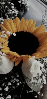 Sunflower and white roses with delicate background.