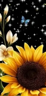 Sunflower and butterfly on a starry background wallpaper.