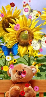 Vibrant wallpaper with sunflowers, teddy bear, and butterflies.