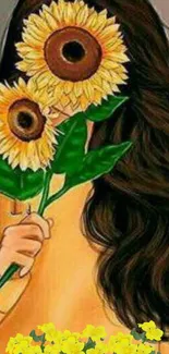 Illustration of woman holding sunflowers covering her face.