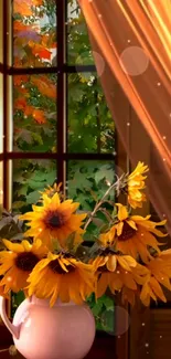 Vibrant sunflowers by a sunny window in autumn.